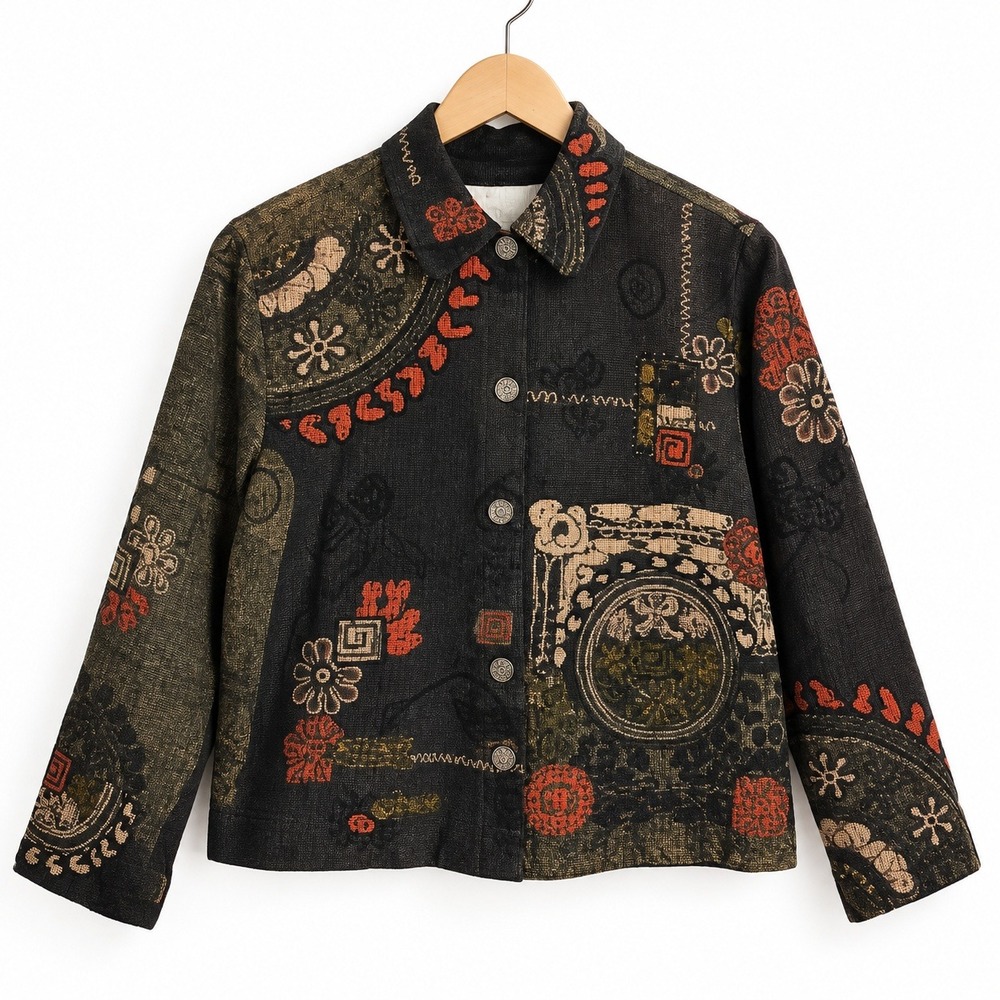 Chicos Boho Silk Embroidered Jacket Womens Size 1 S Black Beaded Art To Wear